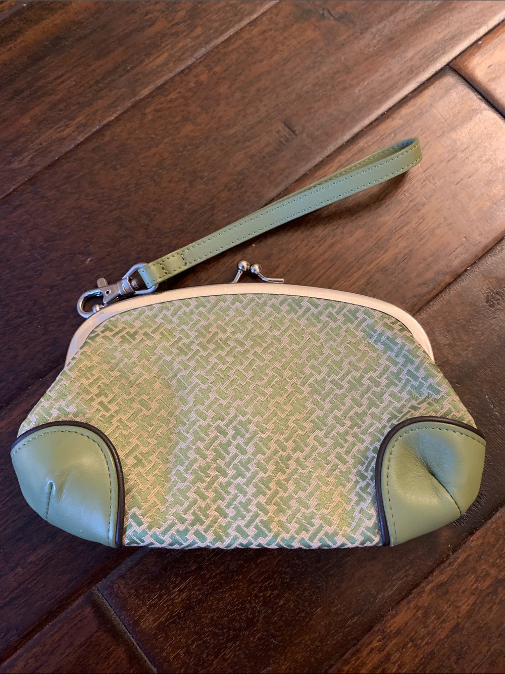 Talbots Green Patterned Wristlet Clutch with Leather Trim